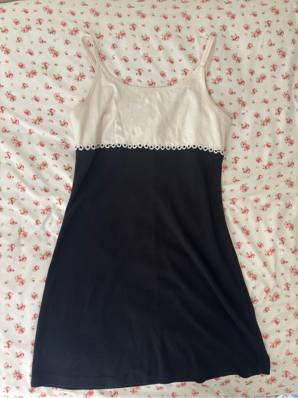 Black and Cream Spaghetti Strap Mini Dress with Floral Trim